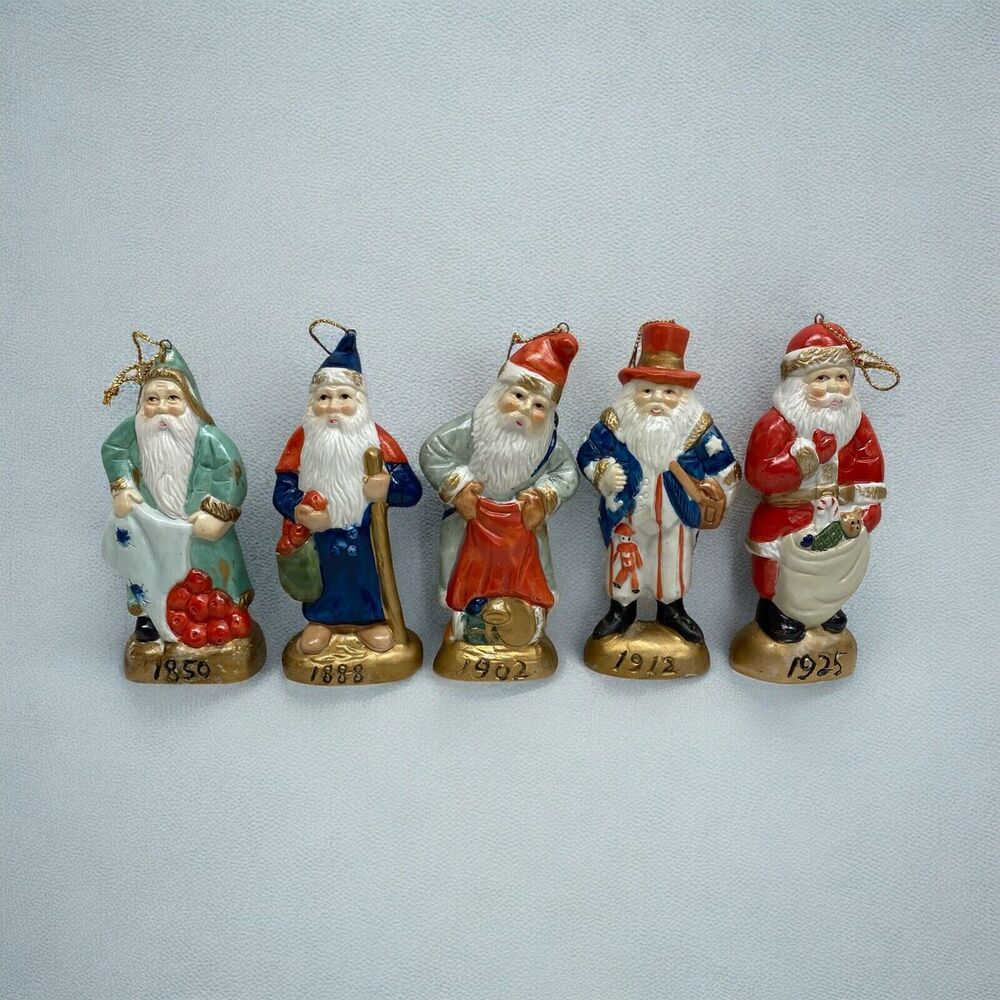 Set Of 5 Santa Ornaments Vtg Ceramic 1991 Taiwan 4 3/4" Christmas Holiday Tree